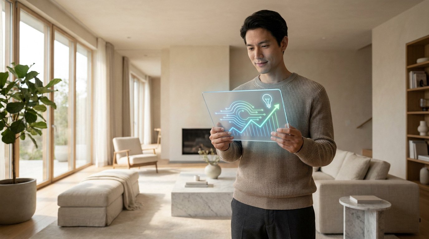 Un homme regarde une tablette holographique affichant un graphique de performance énergétique dans un salon moderne.