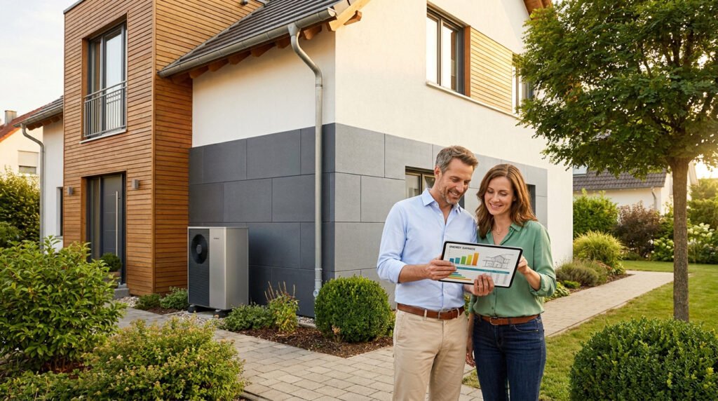 Un couple regarde une tablette devant une maison moderne équipée d'une pompe à chaleur.