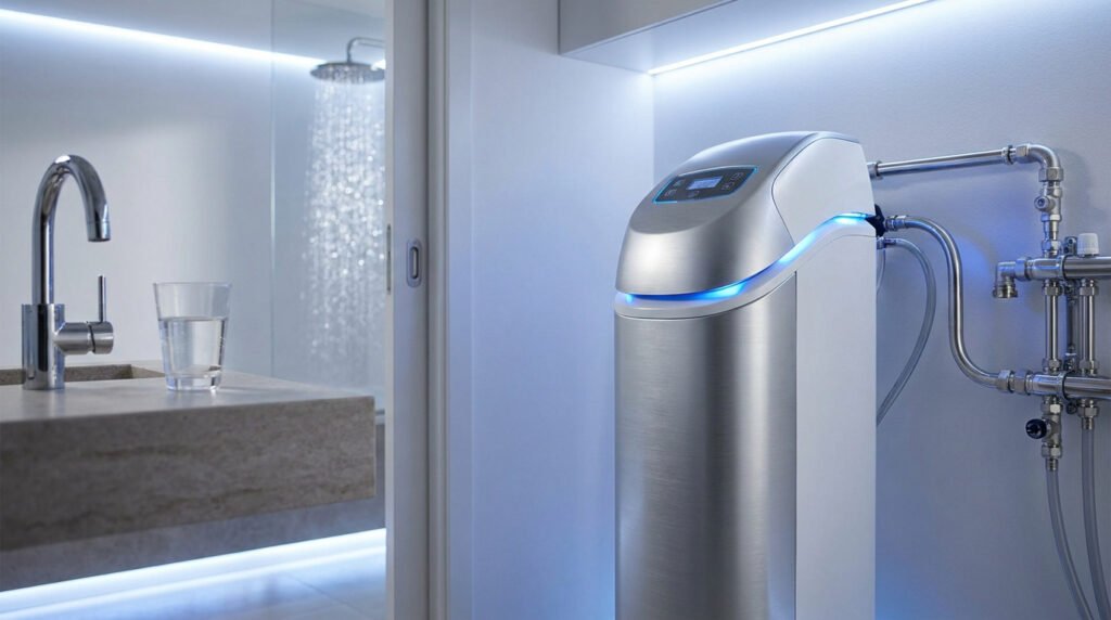 Adoucisseur d'eau design avec éclairage bleu installé près d'une salle de bain moderne avec douche et robinet.