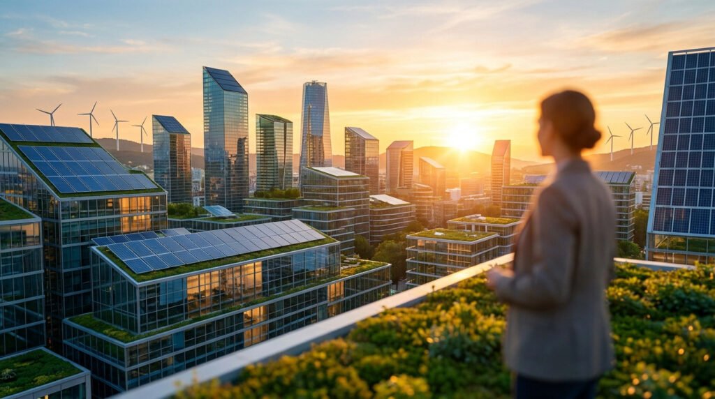 Une femme observe un paysage urbain moderne doté de toits solaires et d'éoliennes au coucher du soleil.