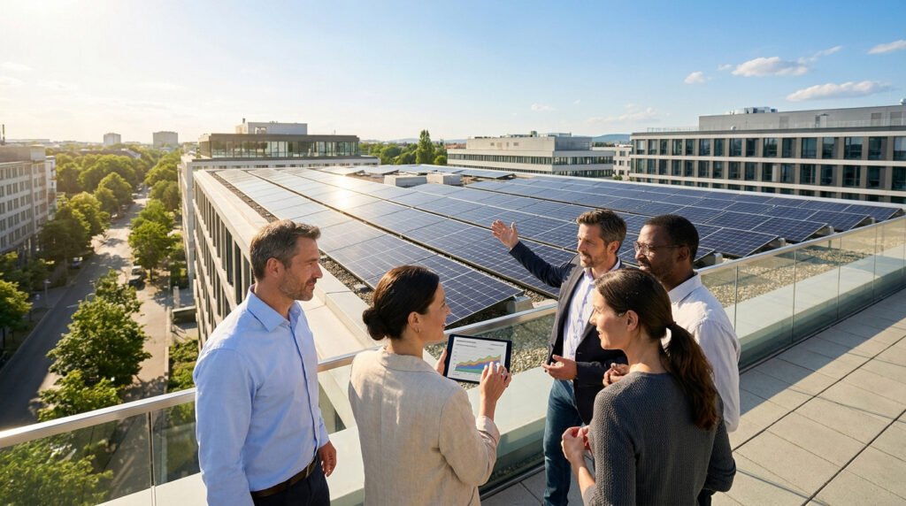 Quatre professionnels en réunion sur un toit équipé de panneaux solaires, consultant des données sur une tablette.