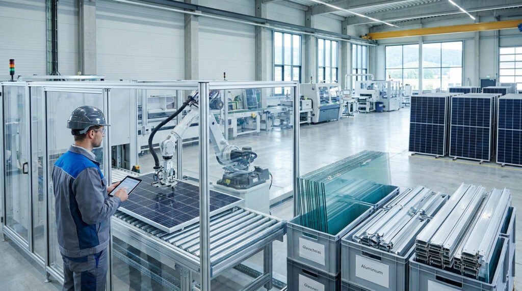 Technicien utilisant une tablette pour superviser un bras robotisé recyclant un panneau solaire dans une usine moderne.