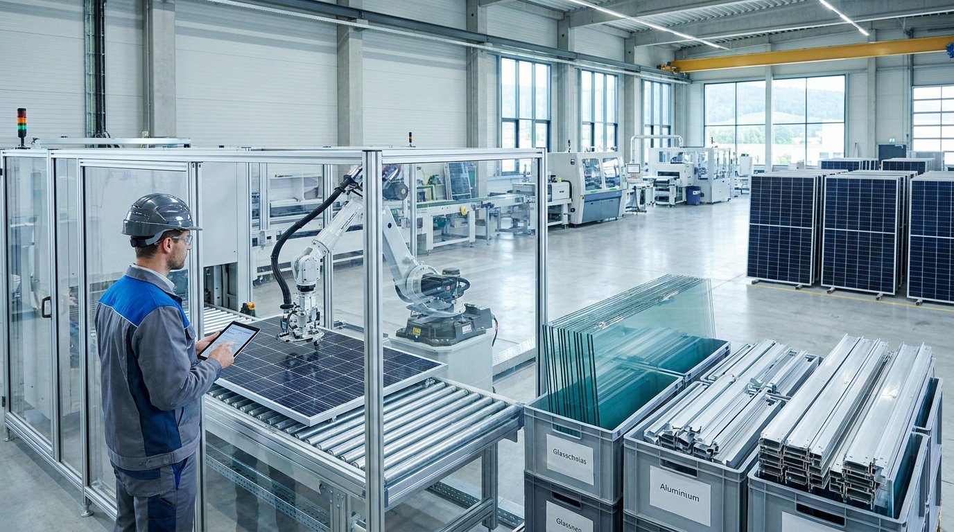 Technicien utilisant une tablette pour superviser un bras robotisé recyclant un panneau solaire dans une usine moderne.