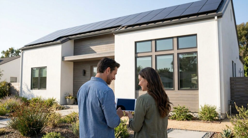 Un couple regarde une tablette devant une maison moderne équipée de panneaux solaires en plein jour.