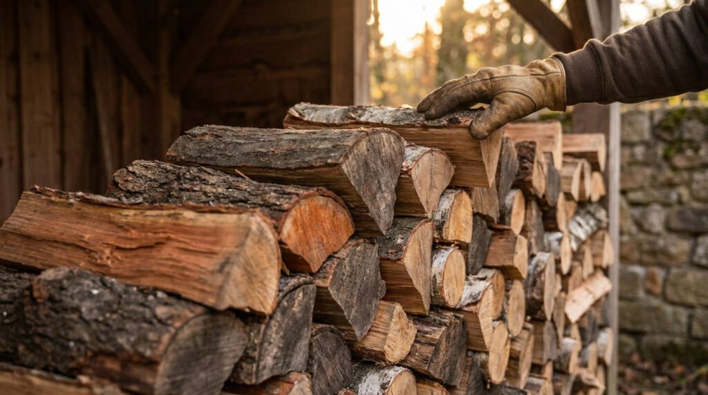 Une main gantée pose une bûche sur un grand tas de bois de chauffage bien empilé sous un abri en bois.
