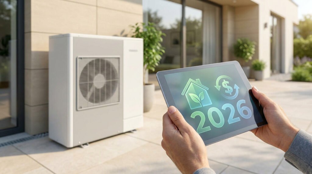 Une personne tenant une tablette affichant « 2026 » avec une icône de maison écologique devant une pompe à chaleur.