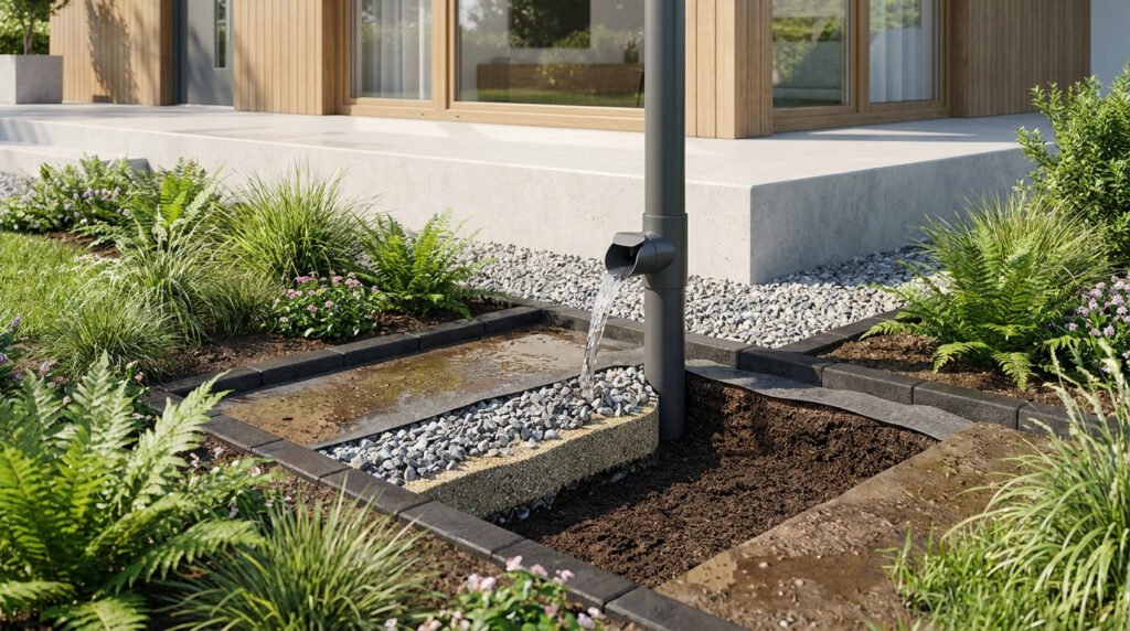 Schéma technique montrant l'évacuation des eaux de pluie vers un puisard enterré devant une maison moderne.